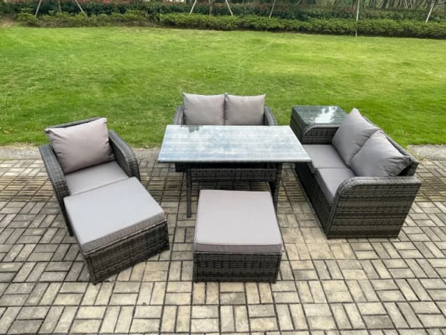 Fimous Lounge Rattan Sofa Set Outdoor Garden Furniture Oblong Rectangular Dining Table With Chairs 2 Big Footstool Side Table 7 Seater in Dark Grey Da