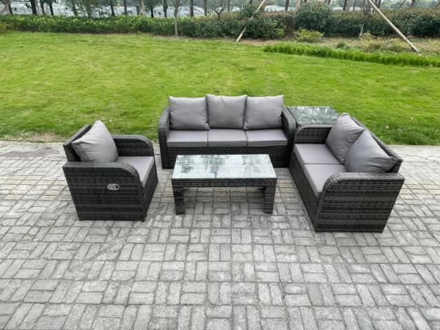 Fimous 6 Seater High Back Rattan Garden Furniture Set with Loveseat Sofa Rectangular Coffee Table Side Table Indoor Outdoor Patio Lounge Sofa Set Dark