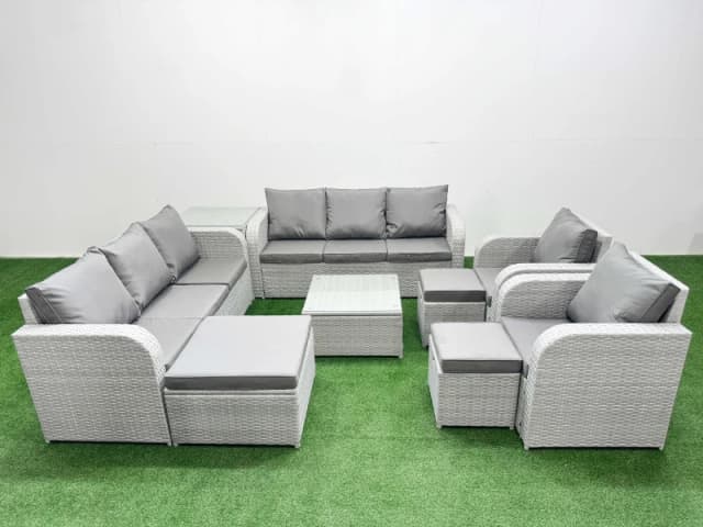 Fimous PE Rattan High Back Lounge Sofa Set Patio Square Coffee Table & Chairs Set with 3 Seater Sofa Reclining Chair 3 Stools Side Table Light Grey Li