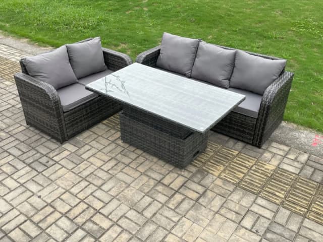 Fimous Outdoor Rattan Garden Furniture Sets Height Adjustable Rising lifting Dining Table Lounge Sofa Set Dark Grey Mixed Dark Grey