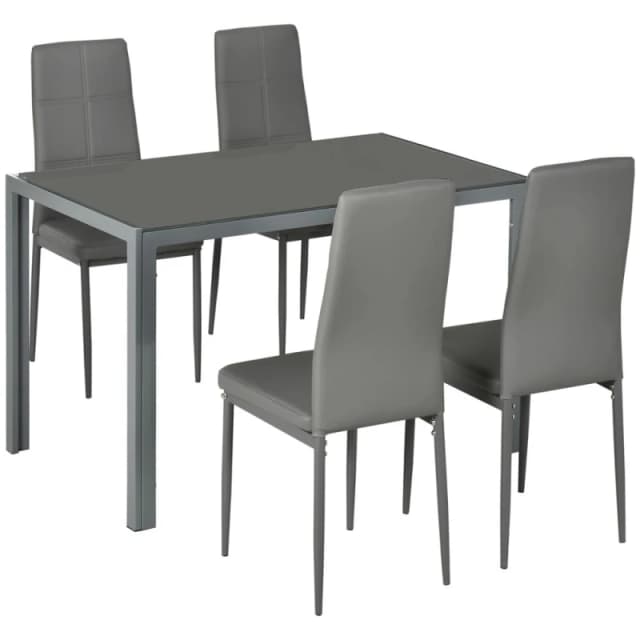 HOMCOM 5 Piece Dining Set Table And 4 Chairs Set For 4 Persons Kitchen Glasstop, Grey 835-255V70GY