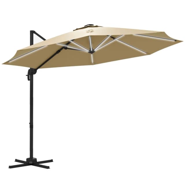 Outsunny 3(m) Solar LED Cantilever Parasol Adjustable Garden Umbrella Khaki - Khaki - Outsunny 84D-110V03KK