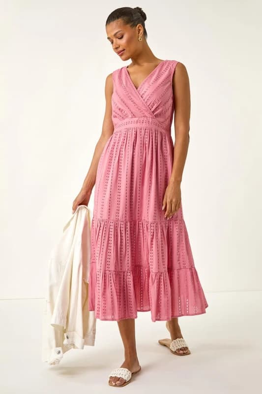 Roman Womens Embroidered V-Neck Midi Dress in Pink Size: 20 Pink Female 20