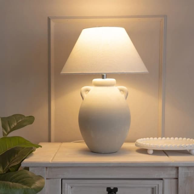 ValueLights ValueLights Daphne Linen Tapered Lamp Shade Stonewear Ceramic Vase Table Lamp with LED Bulb in Grey Grey One Size Unisex 5059406066320