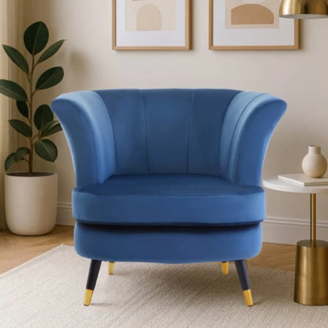 Orsina Midnight Velvet Scalloped Chair, Long-Lasting Scallop Velvet Chair, Body Supportive Scalloped Armchair