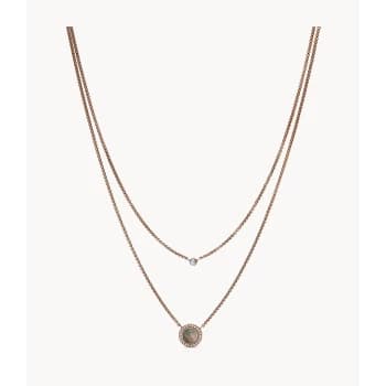 Fossil Womens Val Double Gray Mother-Of-Pearl Disc Pendant Necklace - Rose Gold