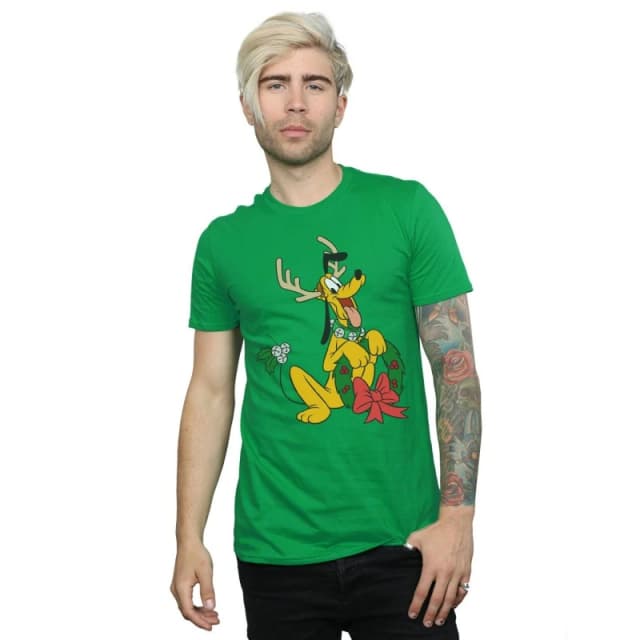 Disney Men Pluto Christmas Reindeer T-Shirt in Green Size: Small Green S Male 5059400324709