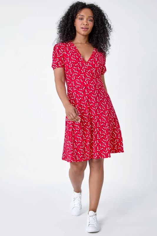 Roman Womens Petite Ditsy Wrap Stretch Dress in Red Size: 16 Red Female 16