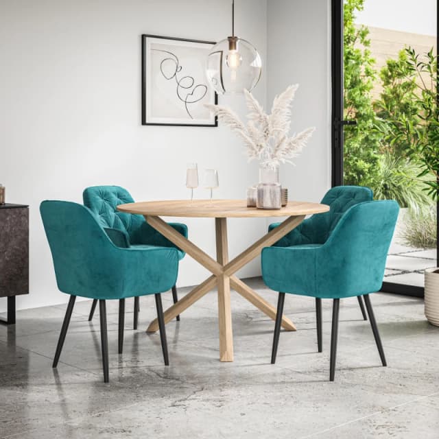 More4Homes Malvern Round Dining Table And Chairs - Oak Table Top W Solid Oak Legs + Anika Velvet Dining Chair Set Of 4 (Blue)