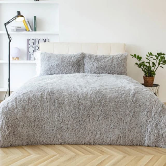 OHS OHS Teddy Duvet Cover Set Bedding Soft Fleece Faux Fur Shaggy in Silver Size: Single Silver Single Unisex 5027434171767