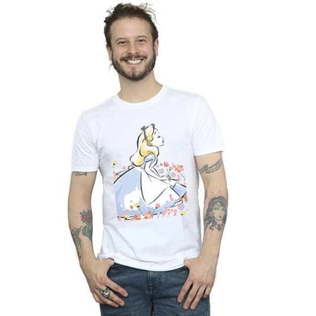 Disney Men Alice In Wonderland Sketch Flowers T-Shirt in White Size: Small White S Male 5063283630093