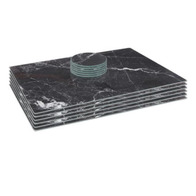 Harbour Housewares 12Pc Glass Placemats & Round Coasters Set - 40 X 30Cm Black Marble Dining Table Protection Place Mats Coasters