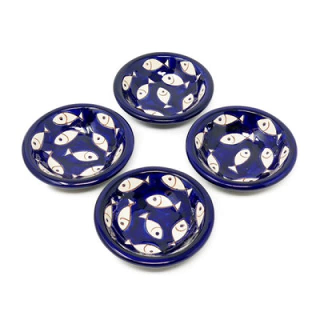 Verano Spanish Ceramics Signature Blue & White Fish Hand Painted Ceramic Set Of 4 Tapas Bowls (Diam) 10Cm