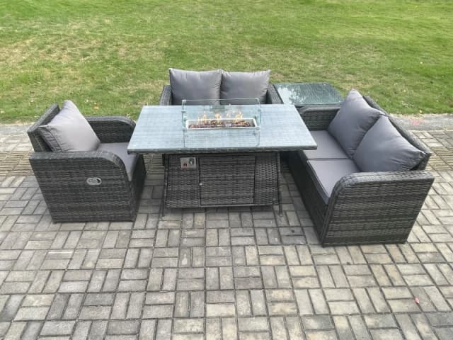 Fimous Rattan Garden Furniture Set with Gas Fire Pit Dining Table,Side Table Indoor Outdoor 5 piece Love Sofa set Dark Grey