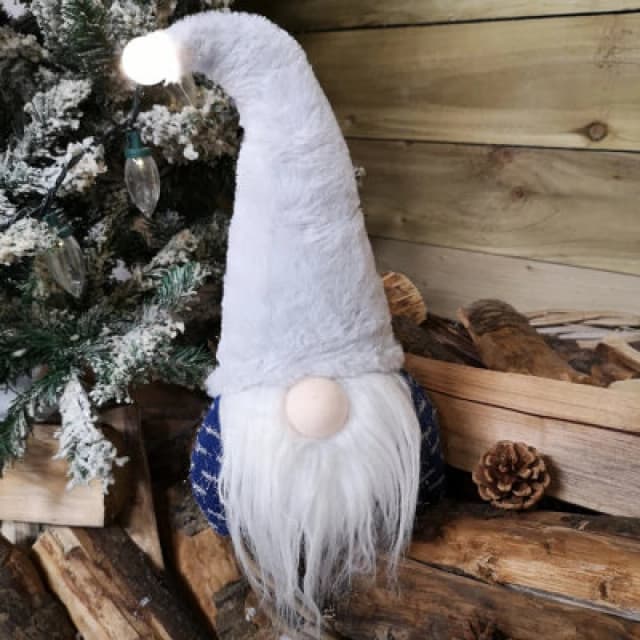 Samuel Alexander 35cm Festive Christmas Sitting Light Up Lit Gonk with Grey Hat and Blue Body Grey