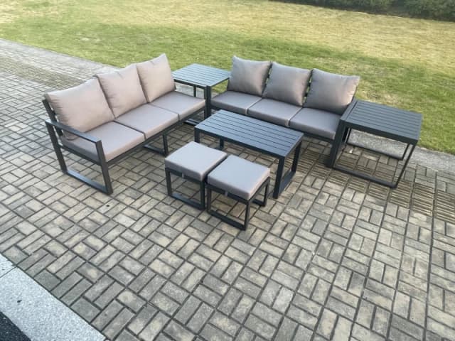 Fimous Aluminium Patio Outdoor Garden Furniture Lounge Sofa Set with Oblong Coffee Table 2 Small Footstools 2 Side Tables Dark Grey Dark Grey Unisex
