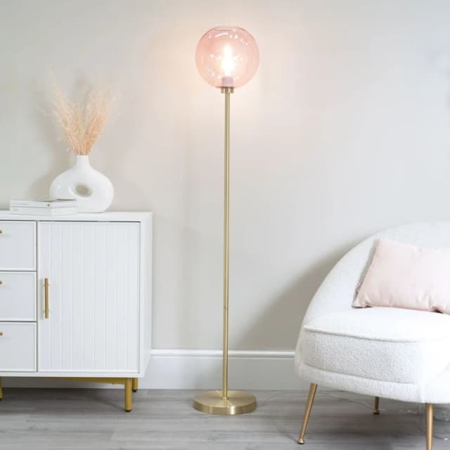 ValueLights Frenchie Pink Tinted Glass Globe Gold Stem Floor Lamp with LED Bulb Pink