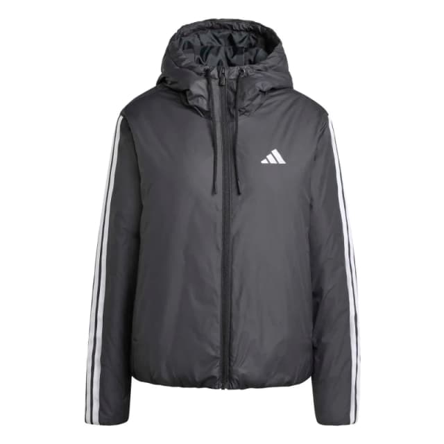 adidas Womens 3 Stripe Essential Water Resistant Wind Resistant Long Sleeve Puffer Jacket Black/White female XL (20-22)