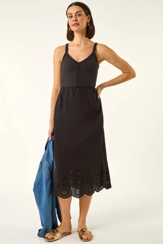 Roman Womens Crochet Strappy Midi Dress in Black Size: 10 Black Female 10