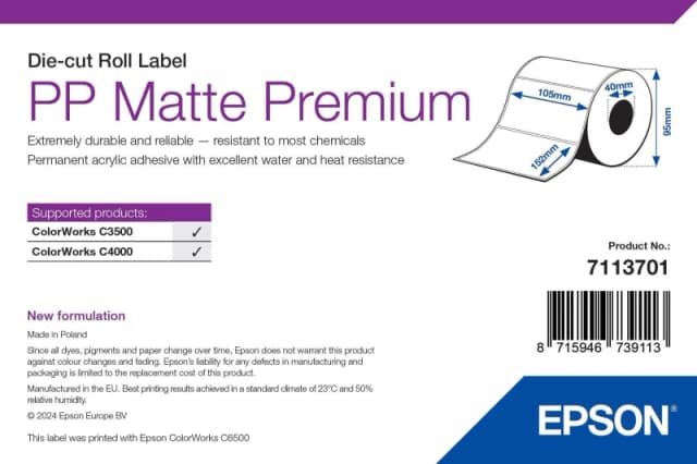 Epson 7113701 Premium Matte White Die-Cut Label Roll 105mm x 152mm - 185 Labels (Original)