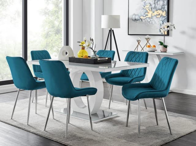 FurnitureboxUK Giovani 6-Seater Grey Glass Dining Table & 6 Pesaro Soft Velvet Dining Chairs in Blue Blue Unisex