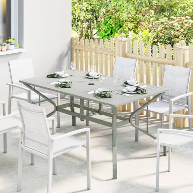 OUTSUNNY Garden Dining Table with Steel Frame & Slatted Top, Light Grey Size: 150cm x 90cm Light Grey Unisex 150cm x 90 cm