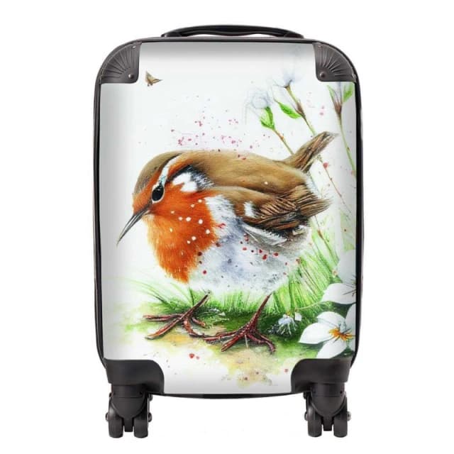 Warren Reed - Designer Robin & Daisies Watercolour Suitcase in Brown Size: Small Brown Unisex Small
