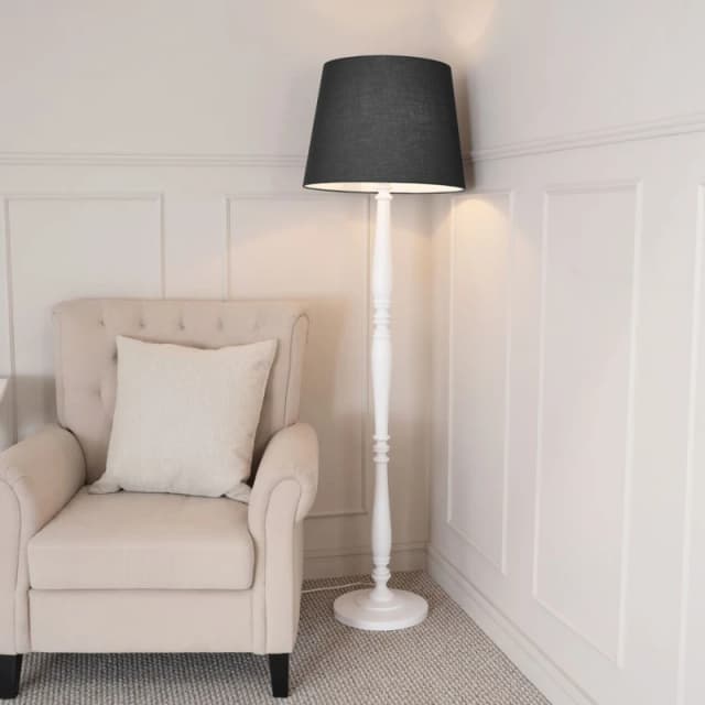 ValueLights Victoria White Wood Traditional Stem Floor Lamp with Fabric Tapered Shade Black
