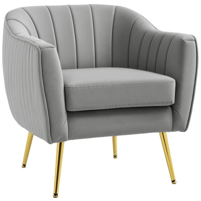 HOMCOM Velvet-Look Shell Shaped Chair with Thick Padded Seat - Grey TJ Hughes 5061025099078