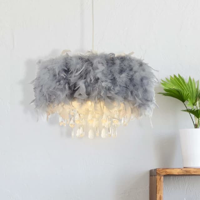 Searchlight Feather Pendant Shade with Acrylic Drops Grey - Searchlight Grey KY31601