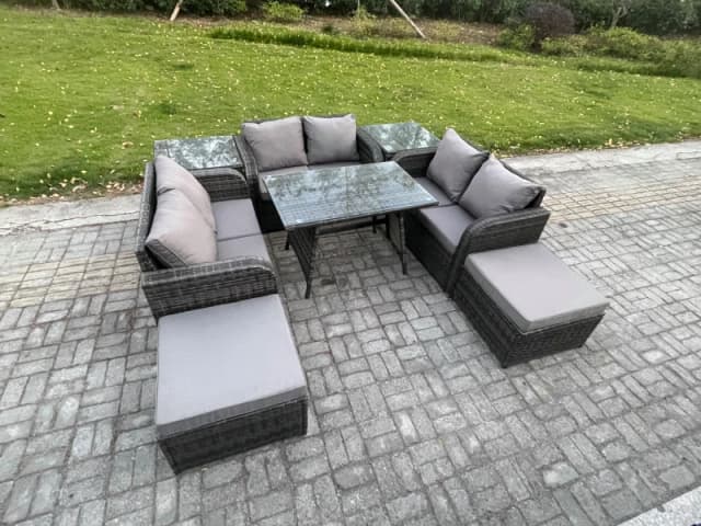 Fimous Outdoor Rattan Garden Furniture Set 8 Seater Patio Love Sofa Set with Rectangular Dining Table 2 Big Footstool 2 Side Tables Dark Grey