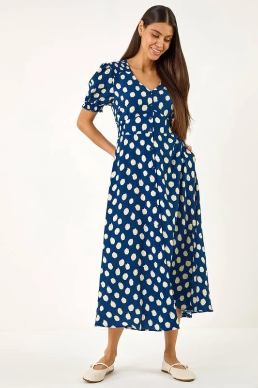 Roman Womens Spot Print Button Midi Dress in Navy Size: 12 Navy Female 12