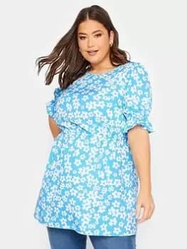 Yours Yours Short Sleeve Top Blue Large Floral, Blue, Size 16, Women