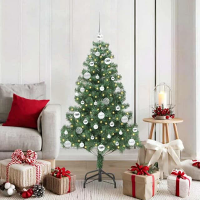 vidaXL Christmas Tree with 150 LEDs, Silver Balls with Stand Green 150cm PVC, Green 3396372