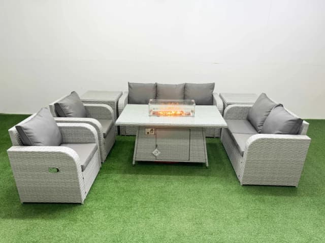 Fimous PE Rattan Garden Furniture Set Reclining Chair Sofa Double Love Seat 2 Seater Sofa Lounge Set Firepit Dining Table 2 Side Table Light Grey Ligh