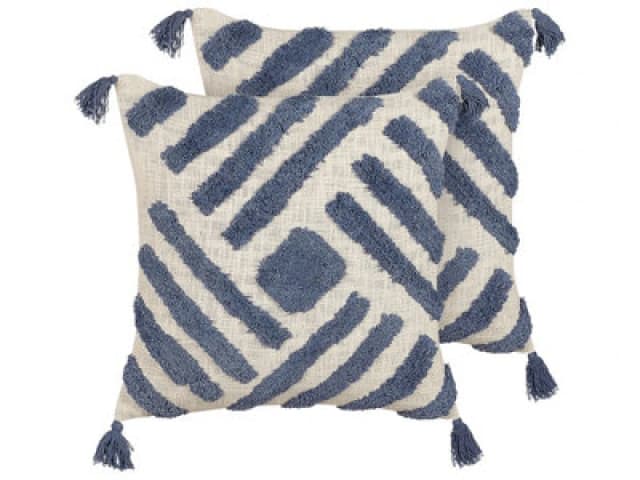 Beliani Set Of 2 Decorative Cushions Jacaranda Cotton 45 X 45cm Blue Geometric Pattern