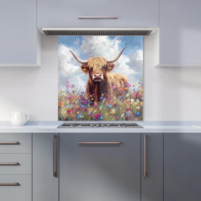 Warren Reed - Designer Highland Cow In A Summer Meadow Kitchen Splashback Size: 600mm x 600mm Multicolor Unisex 600mm x 600mm