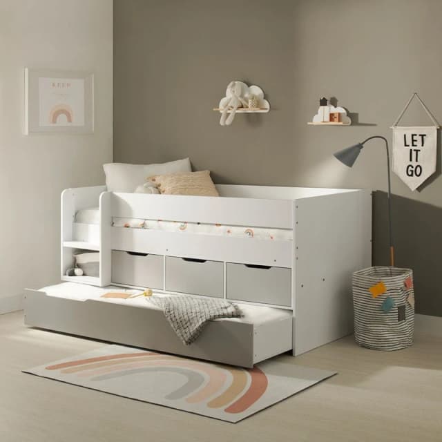 Flair Lars Low Cabin Bed with Trundle & Storage Drawers in White Size: Single White Unisex Single