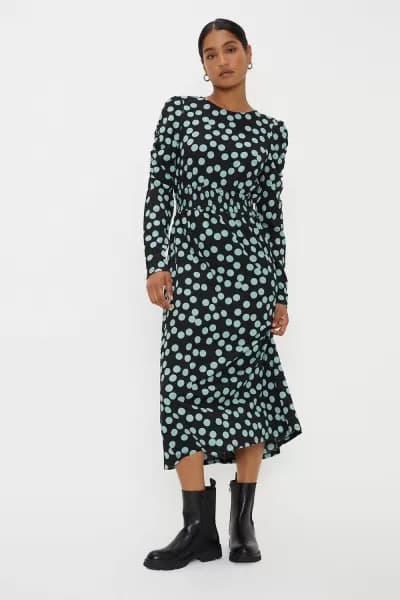 Spot Shirred Waist Long Sleeve Midi Dress