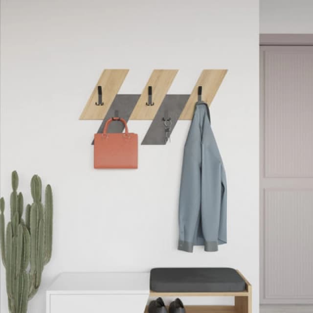 Decortie Modern Livy Wall-Mounted Hanger Oak Retro Grey Engineered Wood Geometric Shape 5 Black Metal Hook 75.2(W)X1.8(D)X45.3(H)