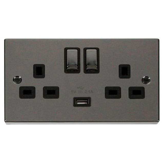 SE Home Black Nickel 2 Gang 13A DP Ingot 1 USB Twin Double Switched Plug Socket Black