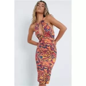 I Saw It First Multi Slinky Marble Print Halterneck Knot Front Cut Out Midi Dress - Multi