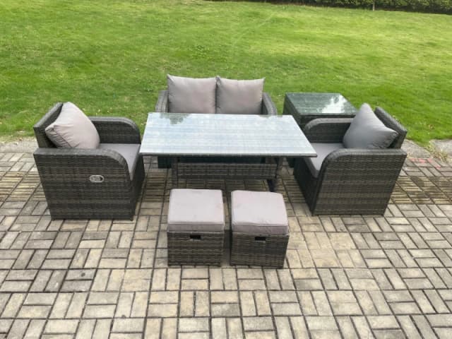 Fimous Outdoor Rattan Garden Furniture Lounge Sofa Set With Oblong Rectangular Dining Table 2 Small Footstool in Dark Grey Dark Grey Unisex