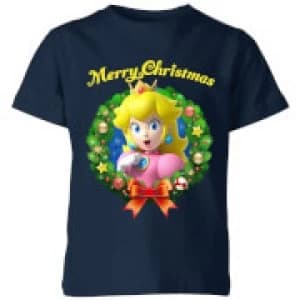 Nintendo Super Mario Peach Merry Christmas Kid's T-Shirt - Navy - 11-12 Years