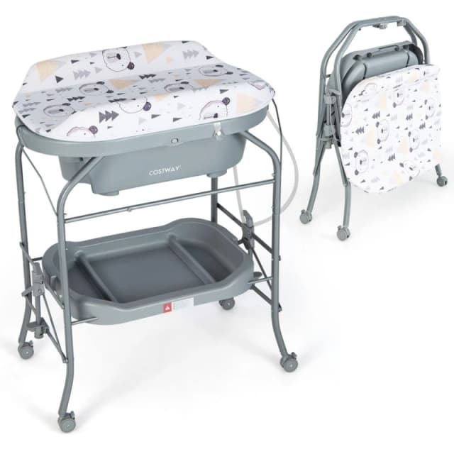 COSTWAY Baby Changing Table with Bathtub Folding Infant Diaper Changing Nursery Station Multi