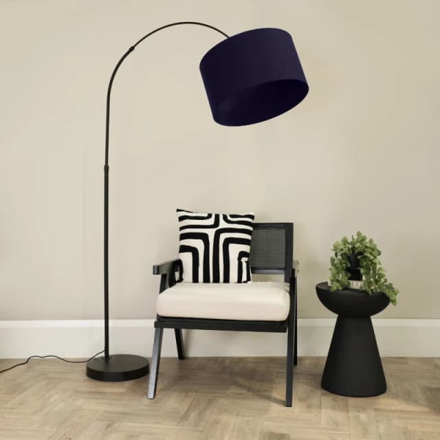 ValueLights Louis Black Arched Curved Floor Lamp with Fabric Drum Lamp Shade Navy