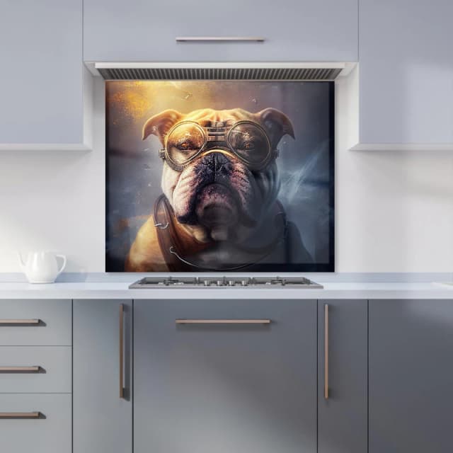 Warren Reed - Designer Bulldog With Glasses Splashart Golden Kitchen Splashback in Brown Size: 600mm x 750mm Brown Unisex 600mm x 750mm