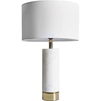 White Marble and Brass Cylinder Table Lamp with Fabirc Lampshade - White