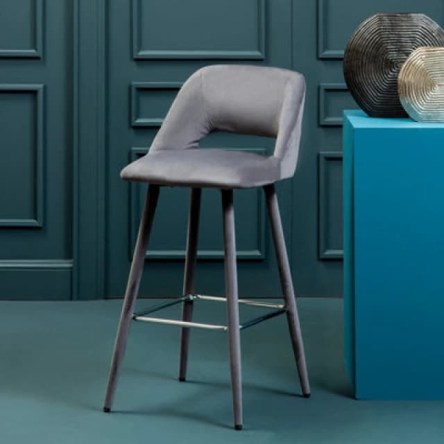 Orsina Grey Velvet Bar Chair, Low-Back Modern Bar Stool With Cut-Out Design, Foam Padded Seat & Silver Footrest