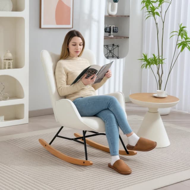 HOMCOM HOMCOM Upholstered Velvet Rocking Chair with Solid Wood Legs, Cream Cream One Size Unisex 5063603035843